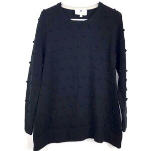 Lisa Perry Black 100% Merino Wool popover crew neck sweater with tiny pompoms
